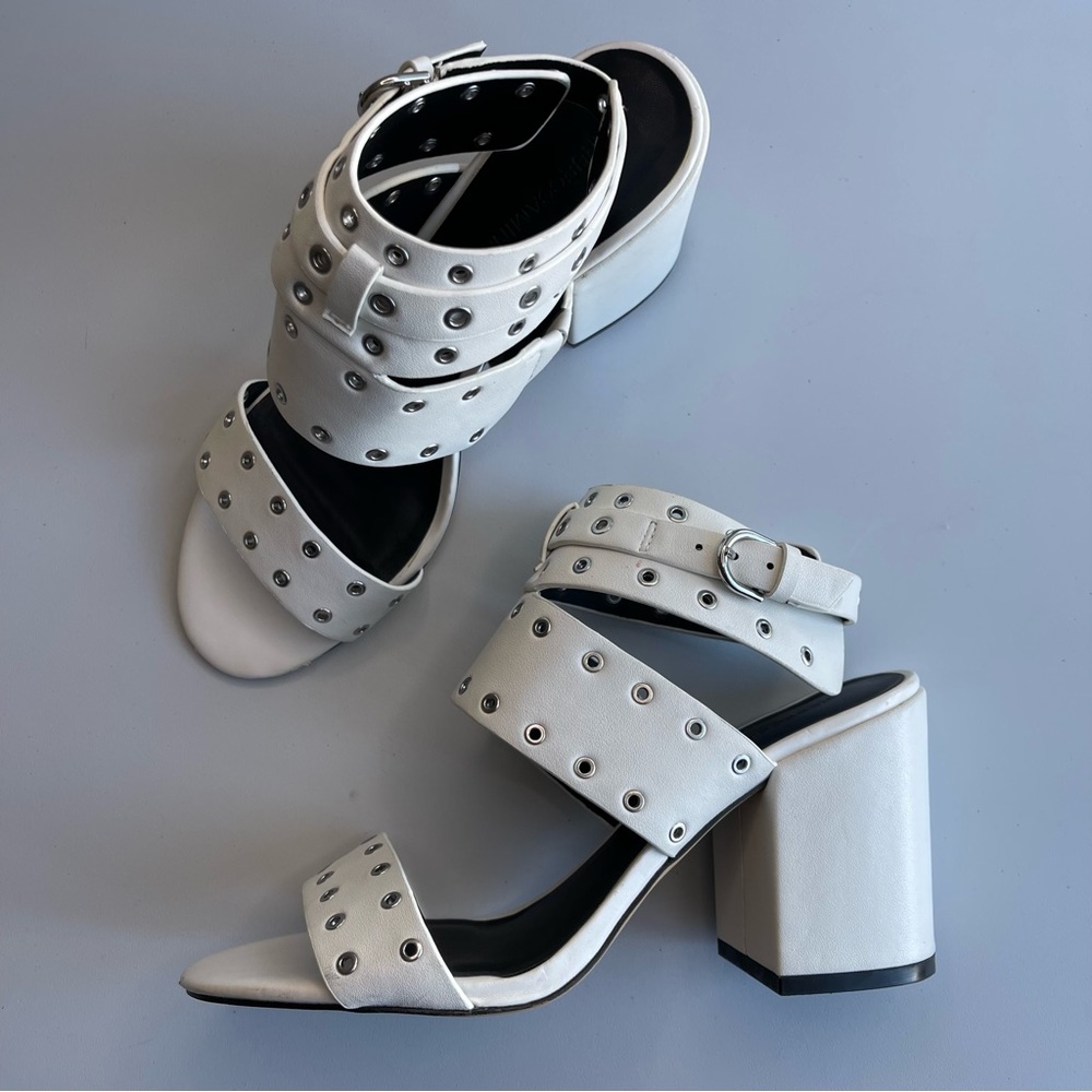 ✨Rebecca Minkoff | White Leather Grommet Accent Strappy Chunky Block Heels